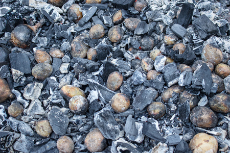 Frying potatoes on the bonfireの写真素材
