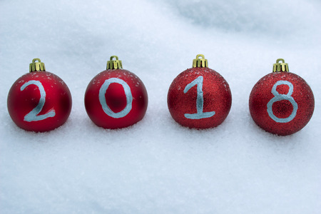 christmas balls with inscription 2018 on a background snow