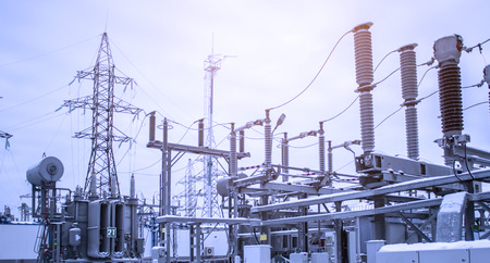 High-voltage power lines, at the substation with transformerのeditorial素材