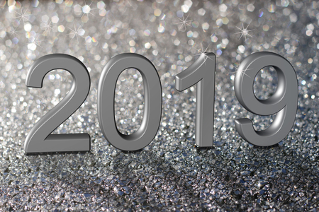 Figures 2019 on a silver, shiny, abstract background