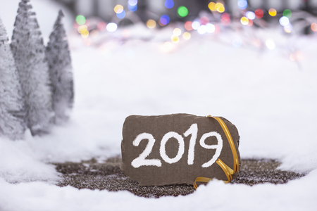 Brown piece of cardboard with the inscription 2019 next to the snow-covered Christmas trees on the background of snow and bright lightsの写真素材