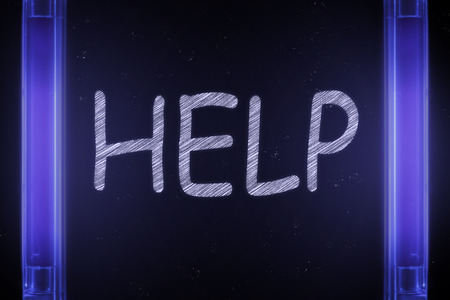 The word help is manifested under the ultraviolet lamp in purpleの写真素材