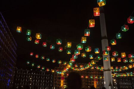 Colorful lamps light boxes to illuminate the dead celebration party in Mexico Cityの写真素材