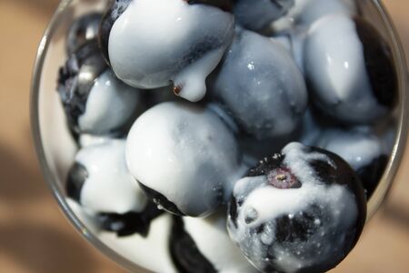 Top view of blueberries dipped in yogurt dessert healthy mutritive food