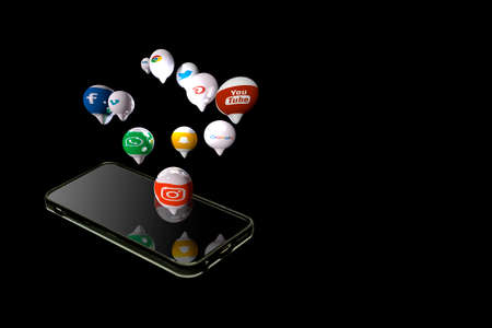 MEXICO CITY, MEXICO - MARCH 05, 2021: Technology and telecommunication social media Smart puts three-dimensional emerge from the phoneのeditorial素材