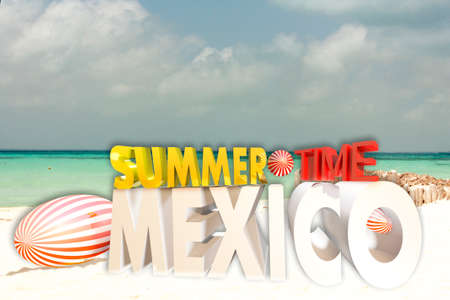 Between turquoise blue waters and white sands advertisement for summer time Mexico on Caribbean beaches with low wavesの写真素材