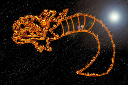 drawing of the god polytheistic religion feathered serpent also called Quetzalcoatl in Mexican culture with fire effect characteristic glyph in Mexicoの写真素材