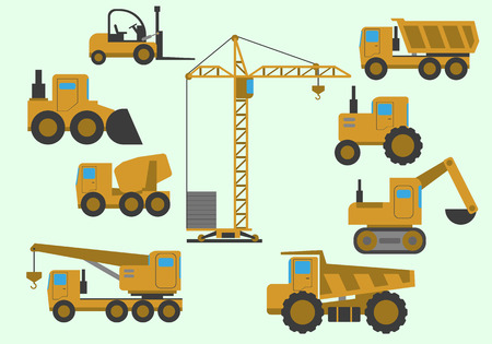 Set of construction equipment. Heavy machinery construction. Heavy machine vector set. Vector illustration.のイラスト素材