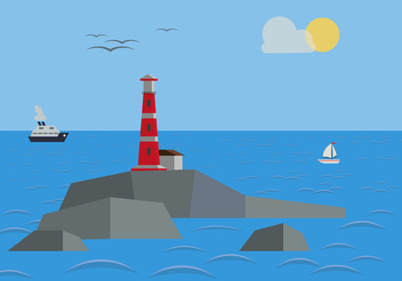 Rock In The Sea With Lighthouseのイラスト素材