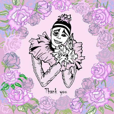 Thank you card with hand drawn pierrot on pink roses background. Pierrot isolated on background. Vector. Invitations, world kissing day, Valentine's day, mother's day, love you card, thank you card.のイラスト素材
