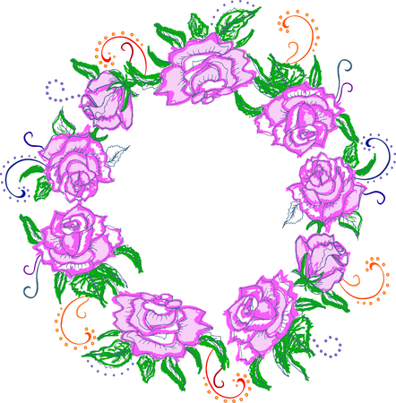 Wreath with hand drawn pink roses. Isolated on white background. Text copy frame template. It can be used for invitation, birthday, mother's day, St. Valentine's Day, greetings.のイラスト素材