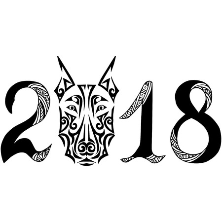 Hand drawn sign 2018 with doberman dog head stylized Maori face tattoo.のイラスト素材