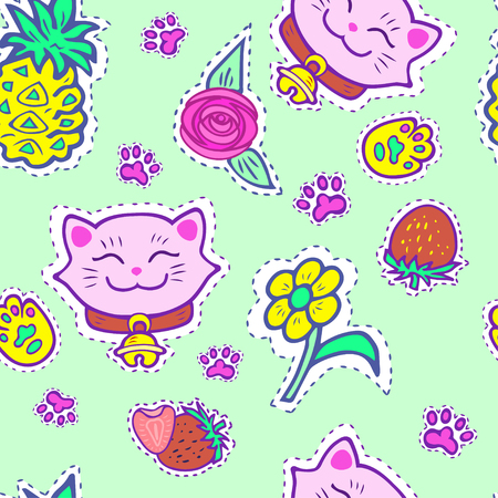 Seamless bright pattern with pink smiling cat, pineapple, strawberry, yellow flower. Maneki Neko - symbol of happiness, luck, success, love. Vector.のイラスト素材