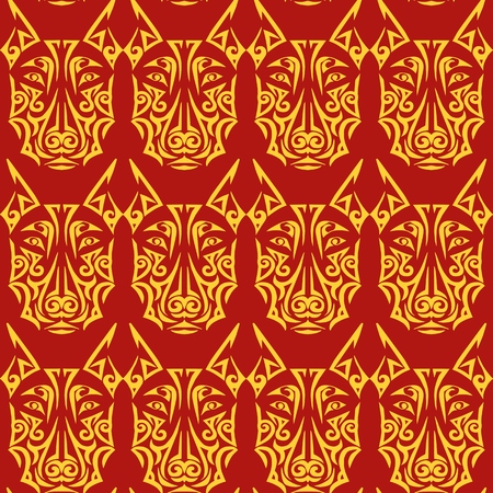 Seamless pattern with doberman dog head stylized Maori face tattoo. Symbol of 2018 year. Vector.のイラスト素材
