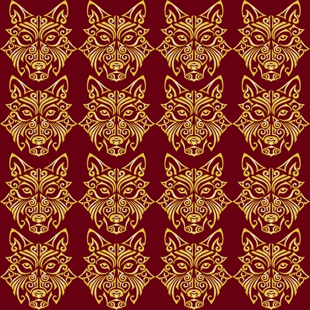 Seamless pattern with wolf or husky dog ??head stylized Maori face tattoo. Symbol of 2018 year. Vector.のイラスト素材