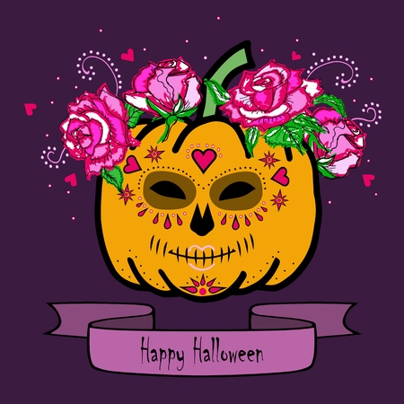 Pumpkin with Mask of Death and pink roses. Happy Halloween. Day of the dead (Dia de los muertos). Isolated on white background. Vector.のイラスト素材