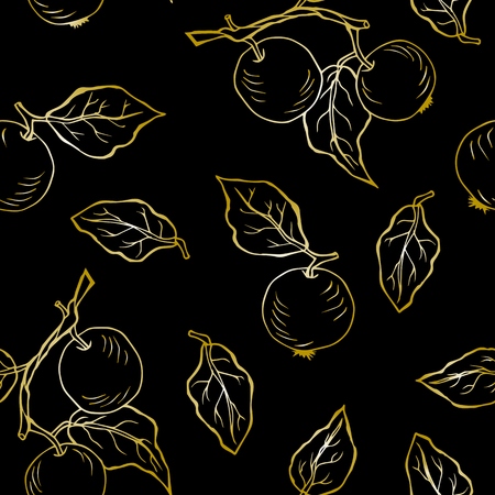 Seamless black pattern with golden apples. Vector.のイラスト素材