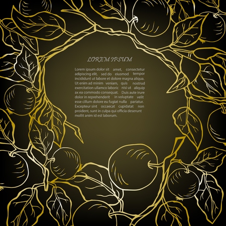 Template with golden apples on black background. Text copy frame template. It can be used for flyers, cover, invitation, birthday, greetings, Thanksgiving, Shana Tova card.Vector illustration.のイラスト素材