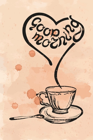 Good morning quote on textured background with hand drawn cup. Hand drawn lettering vector illustration. Banner, poster, menu, card template. Illustration isolated on background.のイラスト素材