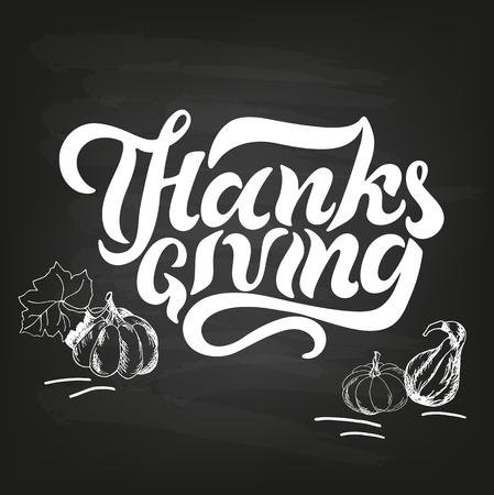 Handwritten Thanksgiving text on black board background with hand drawn pumpkins. Lettering for Thanksgiving logo, postcard, black board. Isolated on background.のイラスト素材