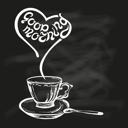 Good Morning quote on chalk bord background with hand drawn cup. Hand drawn lettering vector illustration. Banner, poster, web, menu, coffee shop, card template. Illustration isolated on background.のイラスト素材