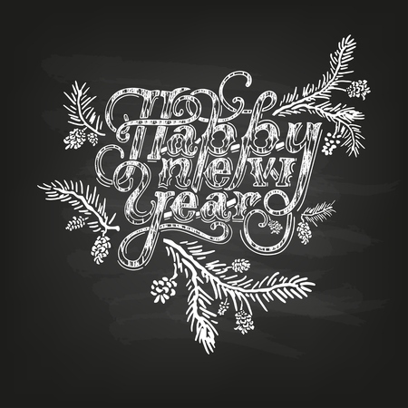 Happy New Year vintage text. Hand drawn celebration lettering on a black textured background Vector illustrationのイラスト素材