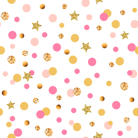 Cute seamless pattern with pink and golden circles and stars. Glamorous background for Christmas, New Year, Birthday, fashion store. Vector.のイラスト素材