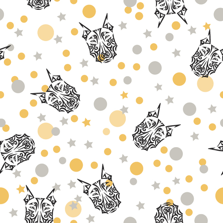 Seamless pattern with black doberman dog's head stylized Maori face tattoo, circles and stars. Vector. Dog is symbol of 2018 year. Background for tattoo studio, oriental concept.のイラスト素材