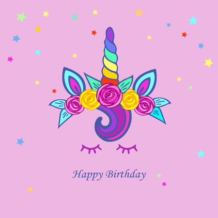 Cute illustration with Unicorn tiara, rainbow horn & floweres. Template for party invitation, greeting card, love you card. Vector illustration isolated on pink background. Postcard motive.のイラスト素材