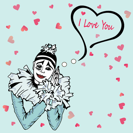 Cute I love you card with hand drawn pierrot isolated on blue background. Template for St. Valentine's Day, invitation party, Mother day, birthday,  greetings card. Mime actor with hearts. Postcard motive.のイラスト素材
