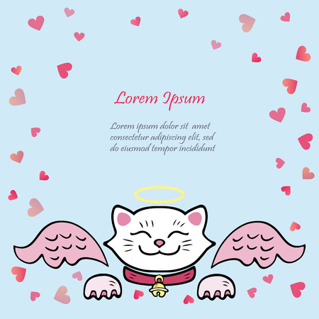 Cute card with white cat, pink angel wings. Template for St. Valentine's Day, invitation, party, Mother day, birthday, baby birth, greetings card. Japanese Maneki Neko white cat isolated on background.のイラスト素材