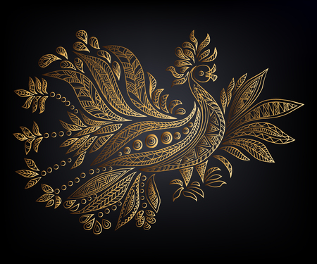 Golden ethnic bird ilosated on black background. Vector illustration. Design element.のイラスト素材