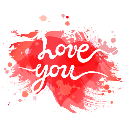 Love You lettering isolated on watercolor imitation red background. Hand drawn text as Valentines Day logo, badge, icon. Template for St. Valentine's Day, invitation, party, Mother day, greeting cardのイラスト素材