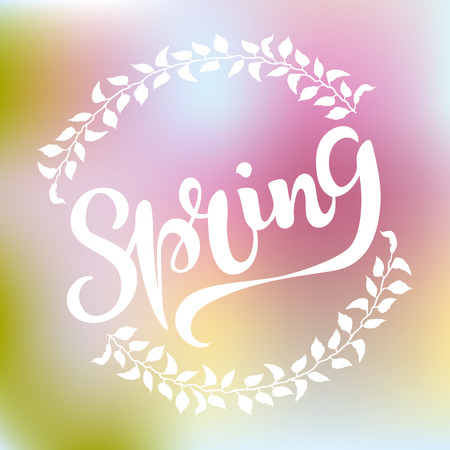 Spring text as logotype, badge and icon isolated on cute blurred background. Hand drawn Spring lettering for Warm season Postcard, card, invitation, banner template. Vector illustrationのイラスト素材