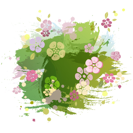 Watercolor painting imitation green background with pink flowers. Cute template for Easter, Warm Season postcard, invitation, greeting card. Vector illustration.のイラスト素材