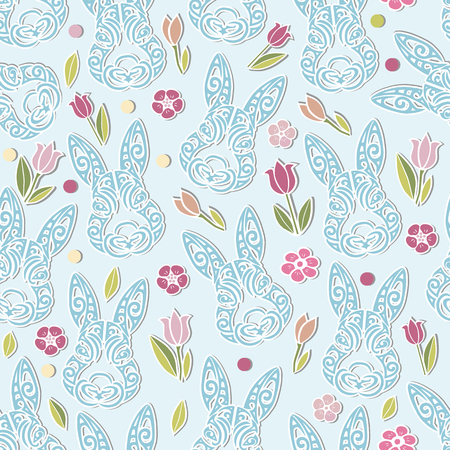 Seamless blue pattern with Bunny head and pink flowers. Vector illustration.のイラスト素材