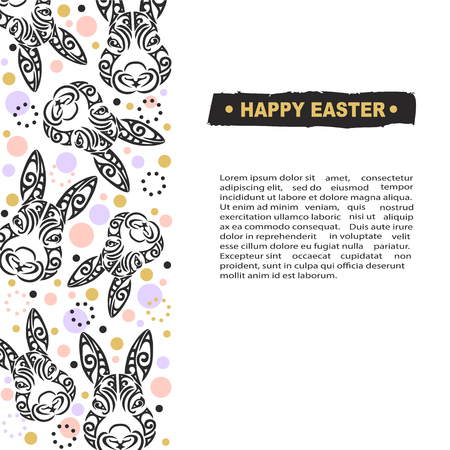 Template with bunny head for Happy Easter Day, party invitation, greeting card, web, postcard, girl or boy birthday, baby shower, pet shop, tattoo studio. Vector illustration.のイラスト素材