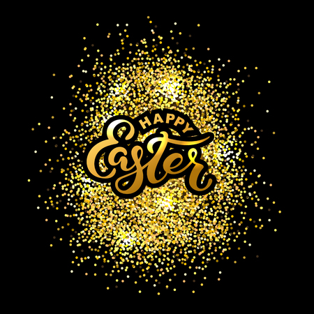 Happy Easter text isolated on textured background with golden confetti. Hand drawn lettering as Easter logo, badge, icon. Template for Happy Easter Day, party invitation, greeting card, web, postcard.のイラスト素材