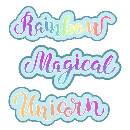 Hand drawn Rainbow, Magical, Unicorn lettering. Vector design elements for Unicorn party, patch, stick cake toppers, laser cut plastic, wooden toppers. Text for banner, poster, birthday greeting card.のイラスト素材