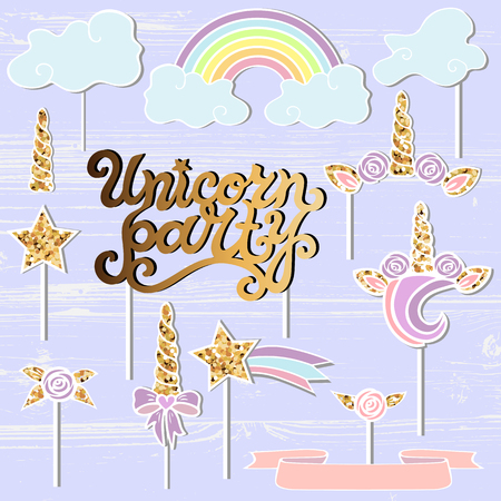 Set with unicorn tiara, rainbow, horn, star. Unicorn party handwritten lettering as patch, stick cake toppers, laser cut plastic, wooden toppers. Props for baby birth, unicorn, birthday party.のイラスト素材