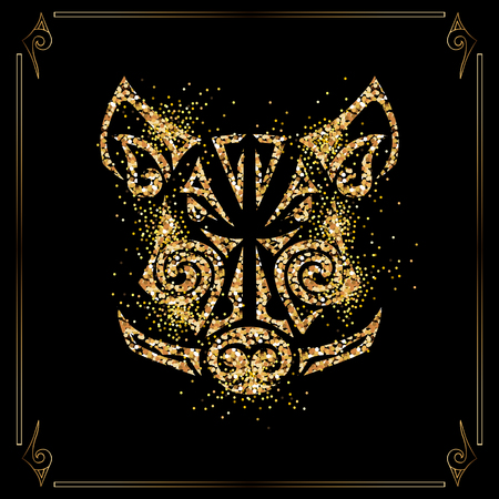 Golden boar, pig head isolated on black background. Symbol of Chinese 2019 New Year. Vector illustration. Stylized Maori face tattoo.のイラスト素材
