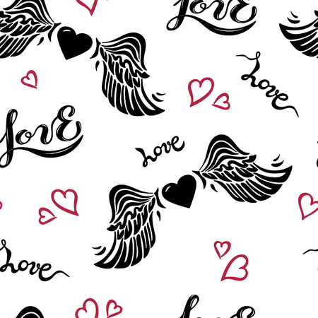 Seamless pattern with wings, hearts, hendwritten lettering love. Vector illustration for textiles and fabrics, t-shirts, wallpapers, love you card, Happy St Valentine's day.のイラスト素材