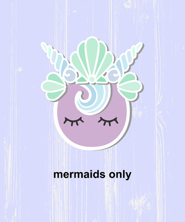 Cute template with Mermaid logo isolated on texture backgroud. Mermaid Crown with sleeping eyes for invitation, birthday, greetings, party, baby shop, t-shirt design, party propsのイラスト素材