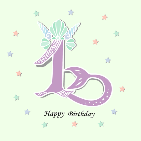 Vector illustration Number One with Mermaid tail, Shell Crown. Template for Mermaid style birthday, party invitation, greeting card. Cute Number One as logo, patch, sticker.のイラスト素材