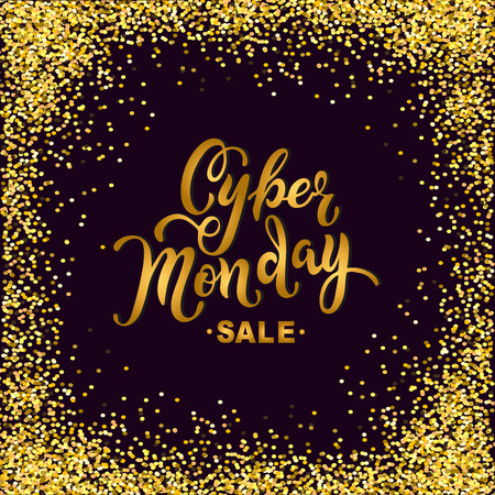 Cyber Monday sale. Hand drawn lettering Cyber Monday for banner, logo, badge, web, poster. Discount time. Vector illustration Cyber Momday isolated on black background with golden confetti.のイラスト素材
