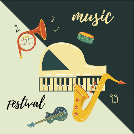 Template for music festival, jazz party, invitation, greeting card, concert poster, web. Vector illustration with saxophone, piano, guitar, french horn drum Flat styleのイラスト素材