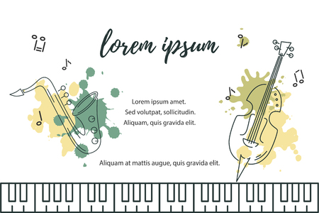 Template for music festival, jazz party, invitation, greeting card, concert poster, web, school of music. Vector illustration with saxophone, double bass and piano keyboard. Flat style.のイラスト素材