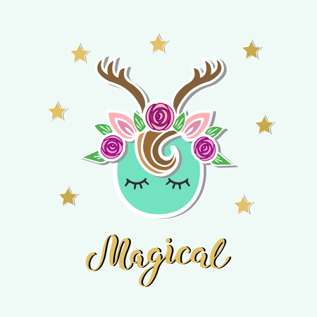 Magical Deer vector illustration as logo, badge, patch isolated on blue background. Handwritten Magical. Deer for invitation, birthday, greetings, party, Merry Christmas motive, t-shirt design.のイラスト素材