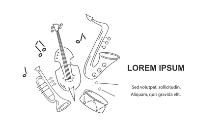 Template for music festival, jazz party, invitation, greeting card, concert poster. Vector illustration with saxophone, violin, trumpet and drum. Line style.のイラスト素材