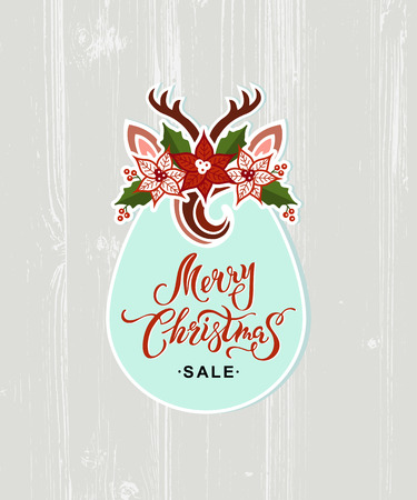 Merry Christmas sale card with deer headband. Handwritten lettering Merry Christmas. Template for invitation, birthday, greetings, party, winter holidays.のイラスト素材